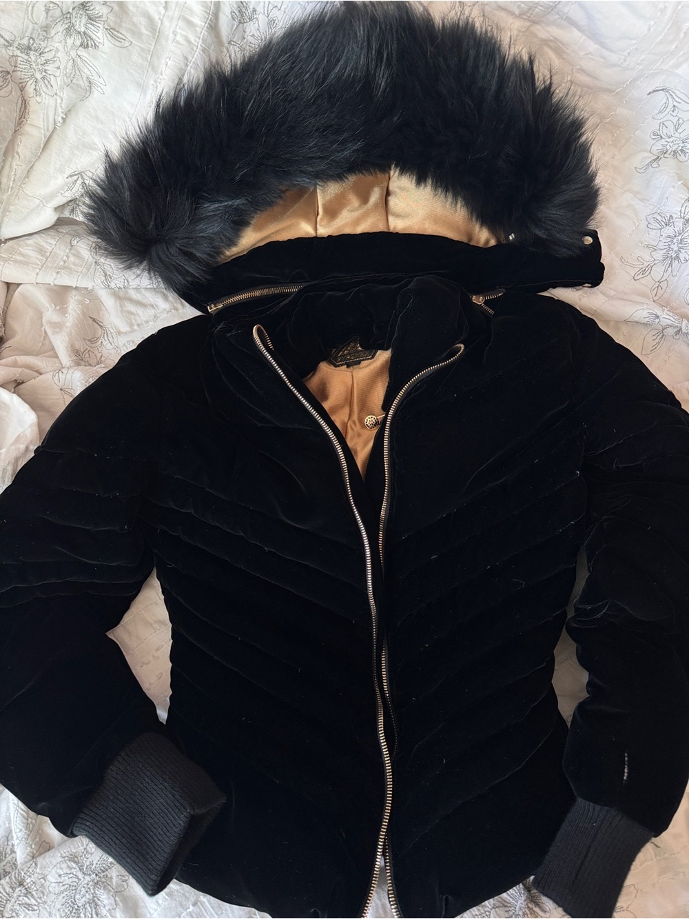 Pyrenex Black Velvet Hooded Puffer with Faux Fur Trim